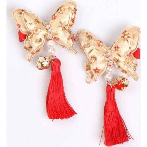 Modish Girls 1 PAIR Chinese Style Cute Tassel Handmade Kids Hairpins Girls Party Butterfly Hair Clip Button Hair Barrettes