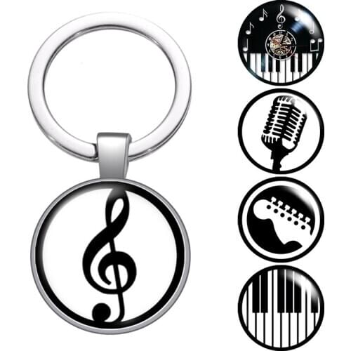 Music note Musical instruments glass cabochon keychain Bag Car key chain Ring Holder silver color keychains for Men Women Gifts