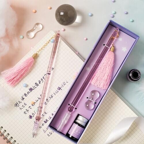 Tassels Mermaid Glass Dip Pen Set For Drawing Calligraphy Handmade Ink Fountain Pen Gift For Girls Women Stationery Journal