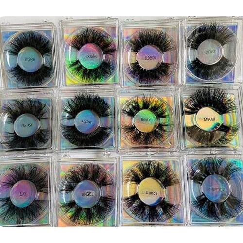 Wholesale 100% Real Mink False Eyelashes 25mm Lashes Bulk with Custom Logo Fluffy Messy Thick Long With Transparent Laser Box