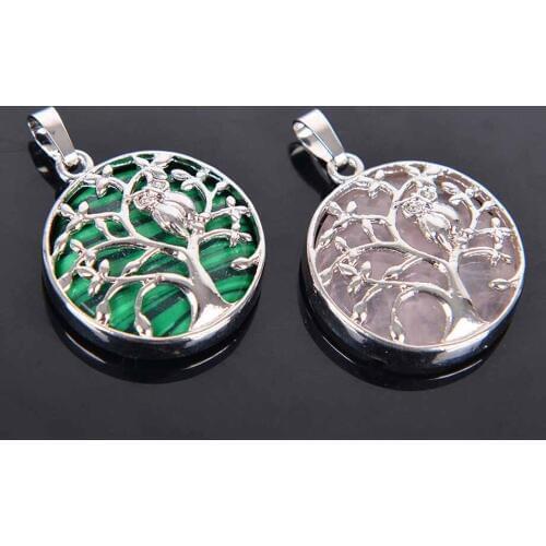 Natural Round Gem Stone Kabbalah Tree of Life Necklaces Pendants Pink Quartz White Crystal Lapis Lazuli Tiger Eye Opal D039A