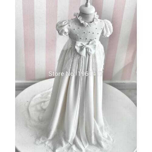 New baby dress baby girls White Lace Beading dresses 1st birthday dress 100 day baptism dress AG0274