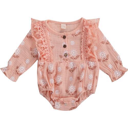 2020 Autumn Baby Girls Outfits Long Sleeve Round Collar Rompers Toddler Sweet Floral Print Ruffle Jumpsuits 0-18M Clothing