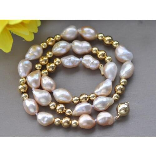 MCT·STAR Z10479 18" 15mm Pink Baroque Pearl Golden Bead Necklace