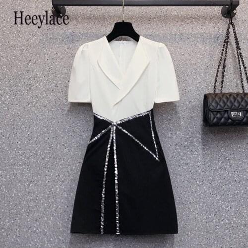 Plus size office ladies elegant midi dresses Summer short sleeve high waist sequined work dresses v neck patchwork blazer dress