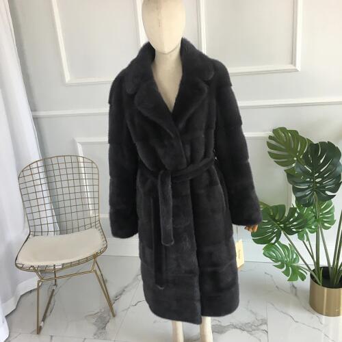 Luxury Genuine Mink Fur Coat Jacket long Autumn Winter Women Fur Warm Outerwear Coats Garment turn down collar mink fur belt