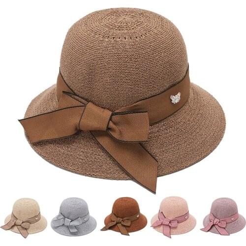 Straw Sun Hat Bow Ladies Pure Color Summer Beach Holiday Rosette Shading Woman Sun Protection Big Brim Dome Spring Casual Cap