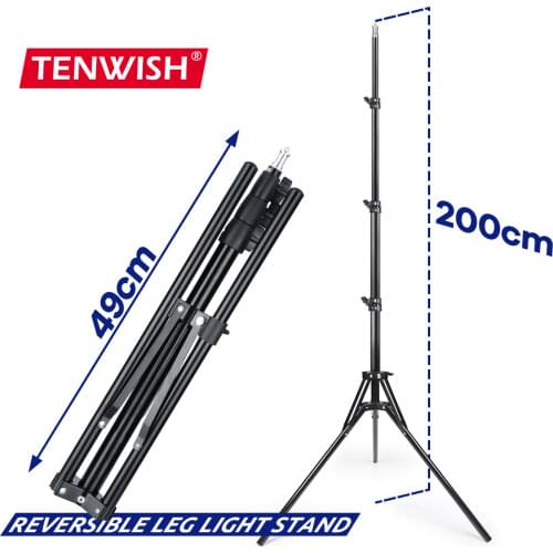 TENWISH 2 Meters 6.5' Reversible Leg Light Stand Compact Portable Tripod for Photographic Studio Ring Lamp Youtuber Tiktok Live