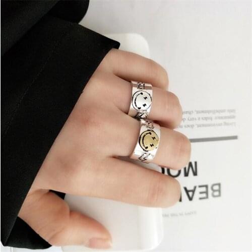 Vintage Smile Face Lightning Smiley Finger Ring Adjustable Open Geometric Wide Ring For Women Men Party Gothic Punk Jewelry