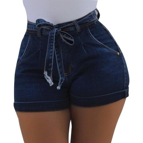 Vintage High Waist Jean Shorts Summer Women High Elasticity Flanging Denim Shorts with Belt Street Lady Mini Slim Booty Shorts