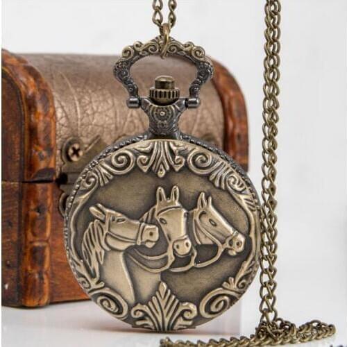 Vintage Bronze antiques three little horse Modern clock Good quality steampunk Necklace pocket watches