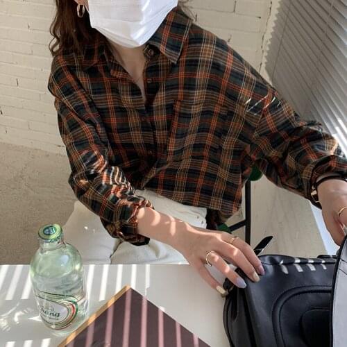 2021 Female Casual Print Shirts Spring Plaid Oversized Blouse Women Hararuju Fleece Casual Shirt Long Sleeve Tops