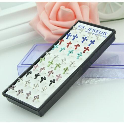 WalerV 40ps/ Crystal Color Mixing Cross Shape Stud Earrings Set Fashion Jewelry Belief Christian For Woman Silver Earrings Gifts