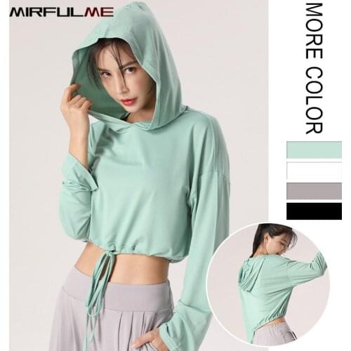 Women Sports Hoodies Long Sleeves T-shirts Drawstring Running Hooded Sportwear Elastic Gym Workout Tops Loose Yoga Shirts Female