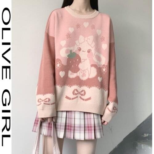 Kawaii Cartoon Print Japanese Style Women Pullover Sweet All-Match Crew Neck Sweater Spring Autumn Mori Girl Knitting Clothing