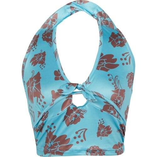 2021 New Women Halter Crop Tank Tops, Bohemian Sleeveless Floral Print Tie Knot Front Cutout Camisole