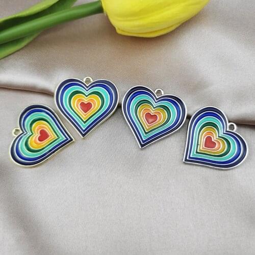 10pcs Big Size Rainbow Enamel Heart Charms Metal Earrings Pendant Dangle Fit DIY Couple Jewelry Accessory Phone Decor 28*29mm