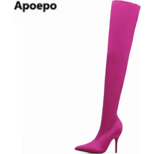 2017 real picture women boots sexy pointed toe long boots high heels thigh high boots pink purple green green ladies shoes