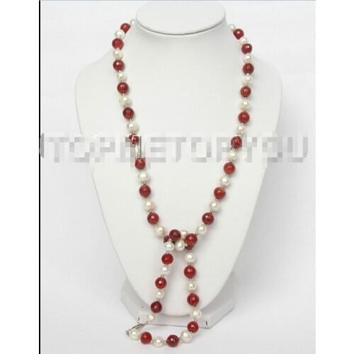 Free shipping >>>>>>28" white freshwater pearls red necklace bracelet set E530