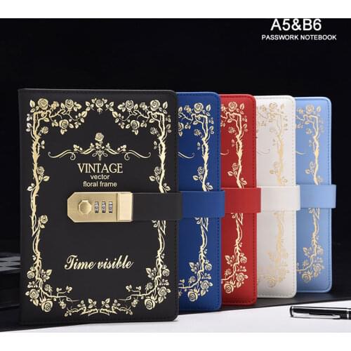 A5 B6 Password Notebook Retro with Lock Notebooks PU Leather Lock Diary Traveler Notepad Journal Planner School Stationery Gifts