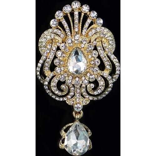 DIEZI Luxury Gold Silver Color Crystal Flower Bridal Brooches for Wedding Women Party Rhinestone Bouquet Water Drop Brooch pins