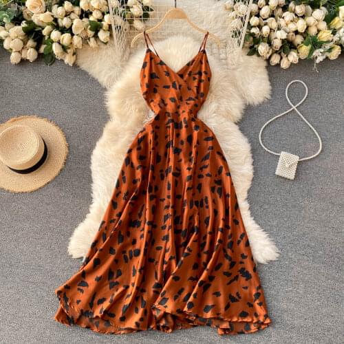 Croysier Women Dresses Summer 2021 Cross V Neck Spaghetti Strap Sexy Backless Tie Satin Dress Vintage Print Elegant Party Dress