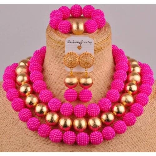 Fuchsia pink custume necklace african jewelry set simulated pearl nigerian wedding party jewelry sets FZZ78
