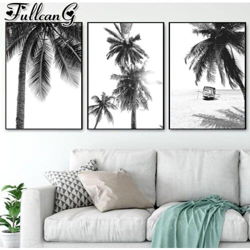 FULLCANG 5d diy diamond embroidery beach black and white palm tree painting triptych full square round drill decoration FC3580