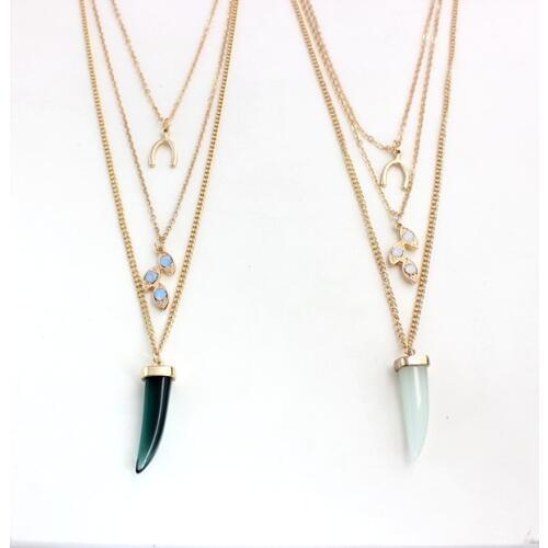 Multi Layer Necklace Wish Bone Opal leaf Pendant Dark Green Horn Necklace for Women Crescent Shape Long Necklaces