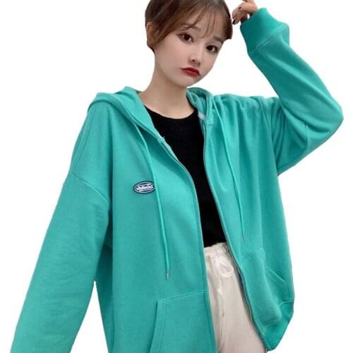 Fashion Cloth Patch Lake Blue Cardigan Womens Hoodies Spring And Autumn New Loose Korean Style Zipper Sweatshirt Coat