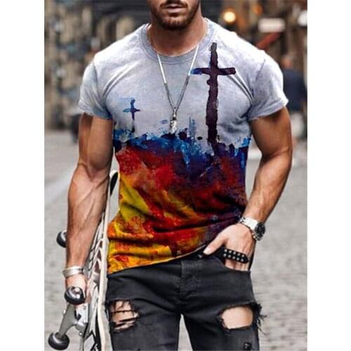 Vintage Streetwear mens T-shirt cross print round neck short sleeve Harajuku T-Shirt Oversize Aesthetic Men Pulovers Gothic Top