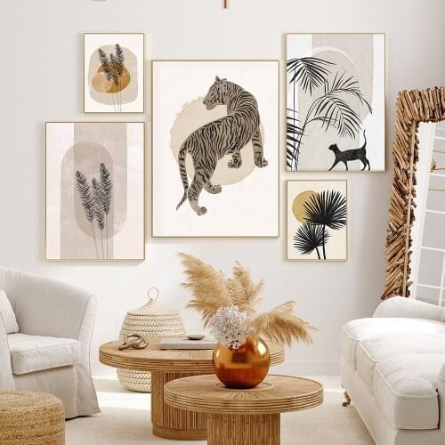 Boho Abstract Tiger Sun Animal Leopard Beige Canvas Painting Wall Art Pictures Posters Print Interior Living Room Home Decor
