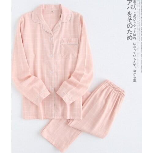 New Womens Pajamas, Long-sleeved Cotton Gauze, Pink Plaid Home Service, Autumn Plaid Couple Trousers, Thick Cotton Pajamas Set
