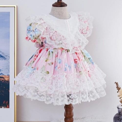 2020 Summer New Spanish Girls Dress Lace Print Short Sleeve Sweet Cute Dress Turkey Vintage Princess Dress For Girls Y3098