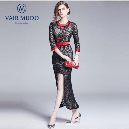 2021 New Summer Autumn Dress Fashion Lace Dress Slim Waist Slimming Elegant Female Lace Black Sexy Dress O-Neck Handmade Y-195
