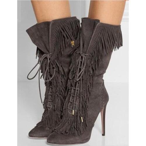 New Arrivals Gray Mid Calf Boots for Women Pointed Toe Tassel Suede Leather Runway Boots Thin Heels Plus Size 10 Short Bootie