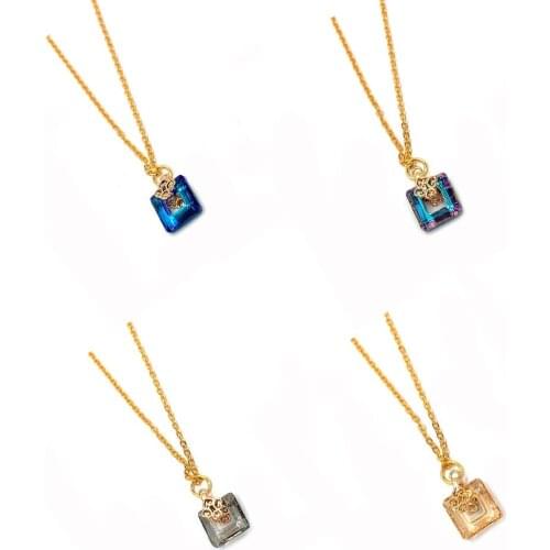 Crystal Necklace Square Colorful Faceted Crystal Pendant Hollow Metal Chain Clavicle Necklace Ladies Simple Jewelry 1 Piece