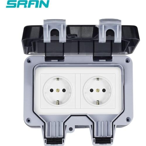 SRAN IP66 Weatherproof Waterproof Outdoor Black Wall Power Socket 16A 2 Gang EU Standard Electrical Outlet Grounded