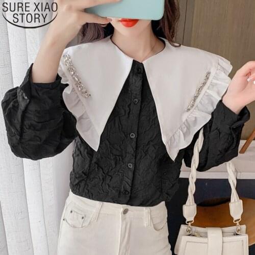 Sweet Ruffles Fashion Puff Long Sleeve Shirts 2021 Autumn New Diamonds Peter Pan Collar Women Tops Blouse Blusa Mujer 16368