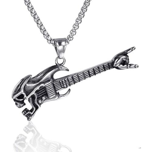 Death Rock Guitar Long Men Necklaces Pendants Chain Punk for Boyfriend Male Stainless Steel Jewelry Creativity Gift Wholesale