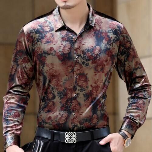 High-Quality Mens Silk Business Dress Shirt Male Casual Long Sleeve Floral Shirts Breathable Velour Soft Thin Men Shirt M-3XL