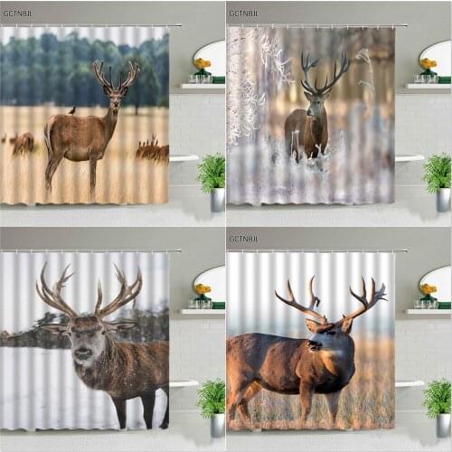Elk Deer Print Shower Curtains Forest Wild Animal Bathroom Curtain Set Backdrop Wall Decor Waterproof Bathtub Screens With Hooks