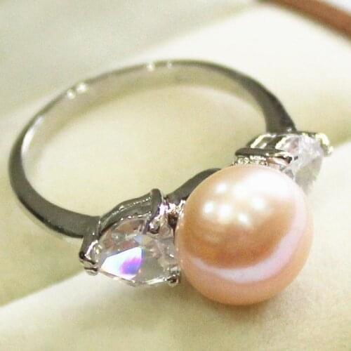 Ladys silver plated ring with crystal decorated & 9-10mm pink shell pearl ring(#7 8 9 )