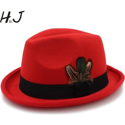 Womenmem Wool Fedora Hats for Elegant Lady Queen Roll Up Brim Feather Decorative Church Hat Male Jazz Cap Panama Hat