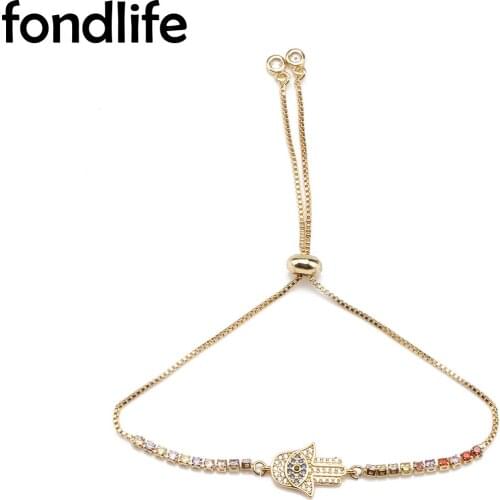 Cubic Zirconia Crystal Gold-plated Brass Hamsa Hand Of Fatima Charm Bracelet Women Copper Beads Box Chain Red Cord Jewelry Gift