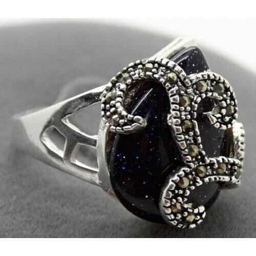 18*16mm ladys elegant 925 Silver Natural Blue Sand JADE Ring Size 7/8/9/10