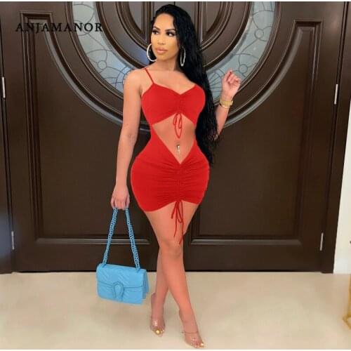 ANJAMANOR Sexy Hollow Out Drawstring Ruched Bodycon Mini Dresses for Women 2021 Solid Night Club Wear Sundress Wholesale D36BF22