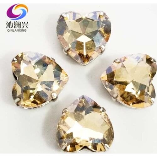 Golden champion heart shape top quality Glass Crystal claw rhinestones,sew on stone with hole for Diy Clothing accessories SWH05