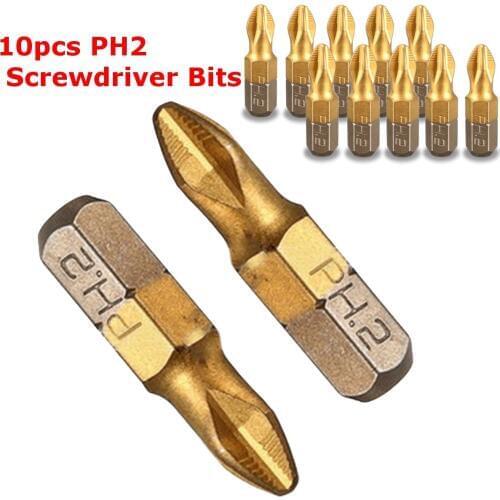 10pcs Titanium Coated Screwdriver Bits Anti Slip 1/4" Hex Shank Drill Bit 25mm Length PH2 For Power Tools Electric Drill