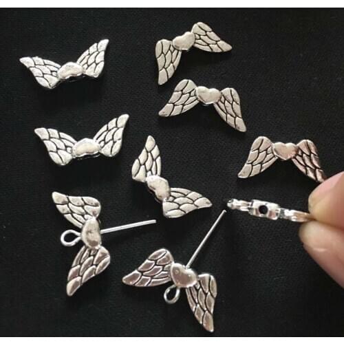 12pcs Wholesale heart beads Charms , Antique silver Angel wings charm pendant, DIY supplies,Jewelry Making